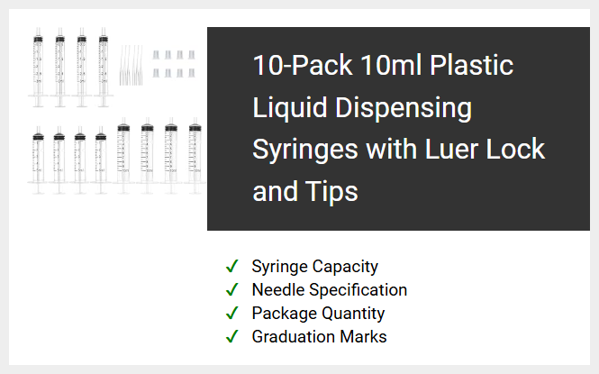10-Pack 10ml Plastic Liquid Dispensing Syringes with Luer Lock and Tips
