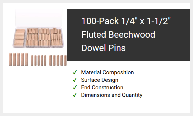 100-Pack 1/4 x 1-1/2 Fluted Beechwood Dowel Pins