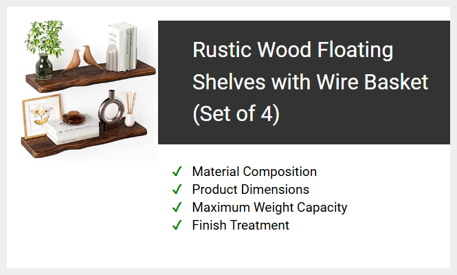 Rustic Wood Floating Shelves with Wire Basket (Set of 4)